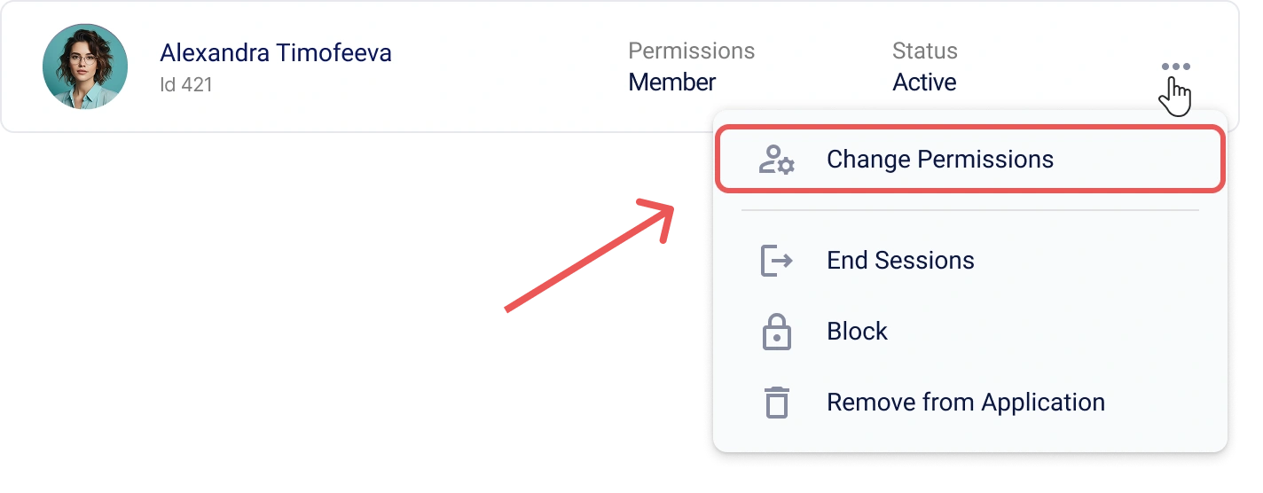 User action menu in Encvoy ID