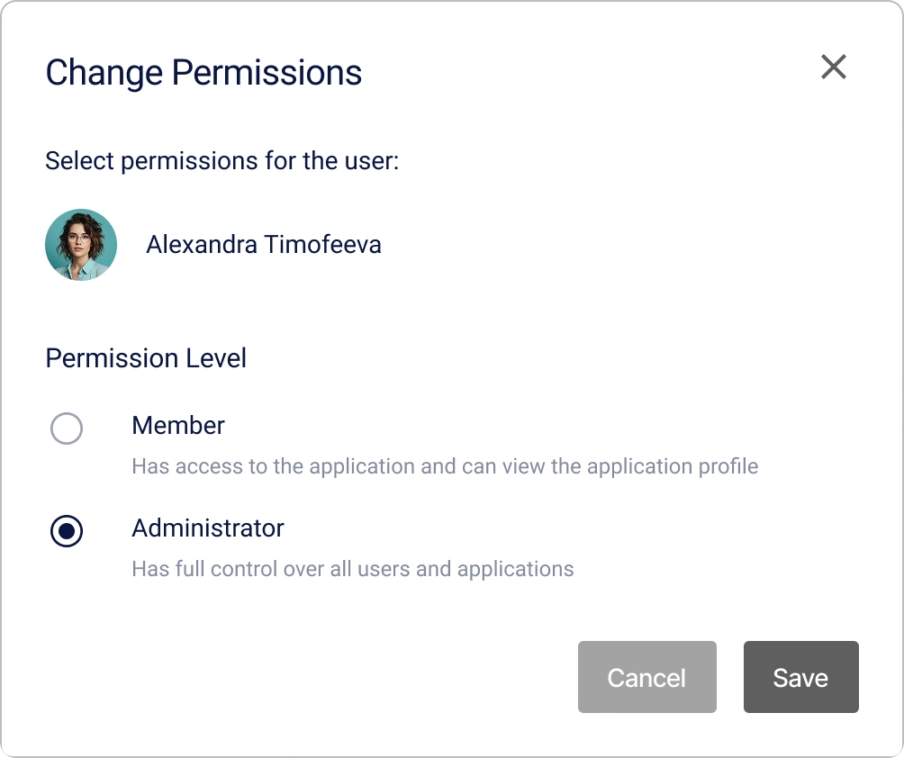 User permission selection window in Encvoy ID