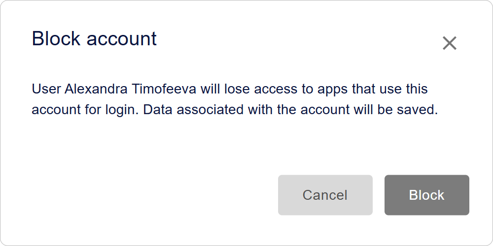 User blocking confirmation dialog in Encvoy ID