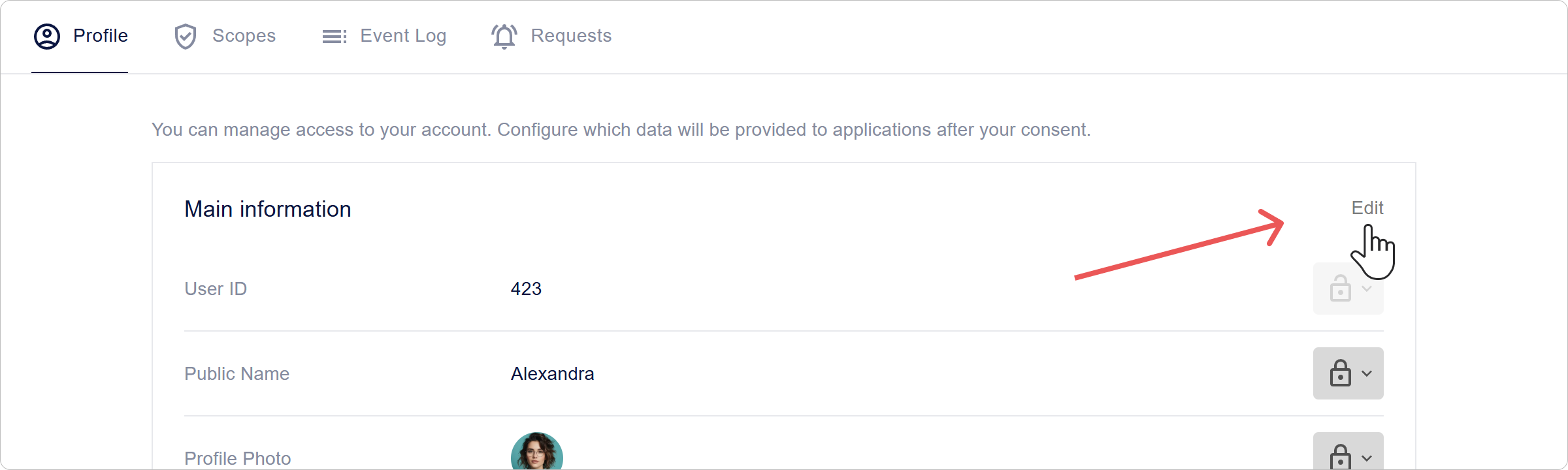 Button for editing basic information in the Encvoy ID personal profile
