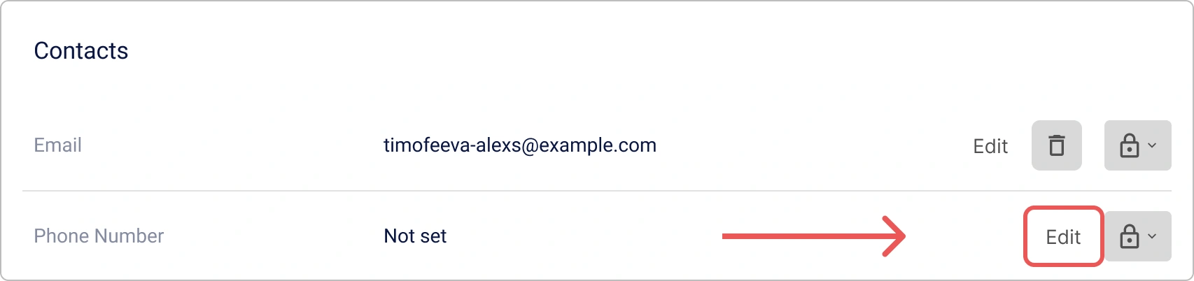 Button for editing phone number in the Encvoy ID personal profile