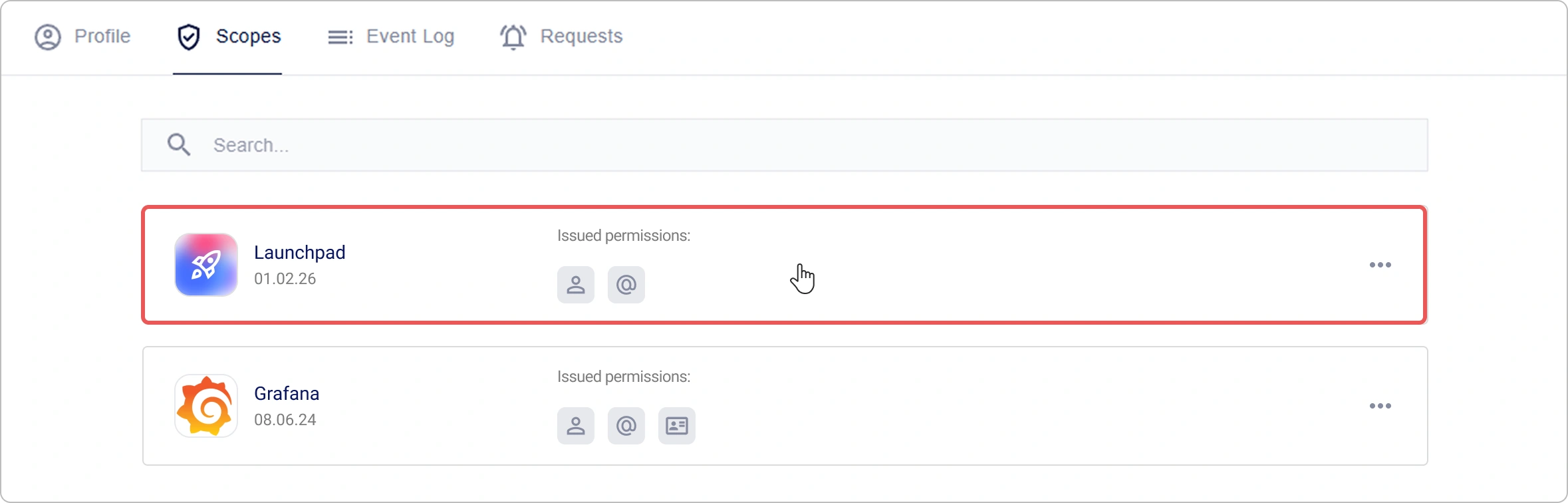 Application in the permissions list in the Encvoy ID personal profile