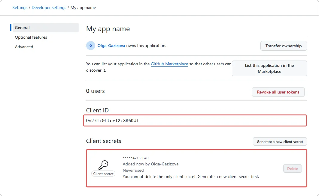 Creating a GitHub OAuth login method in the service developer console