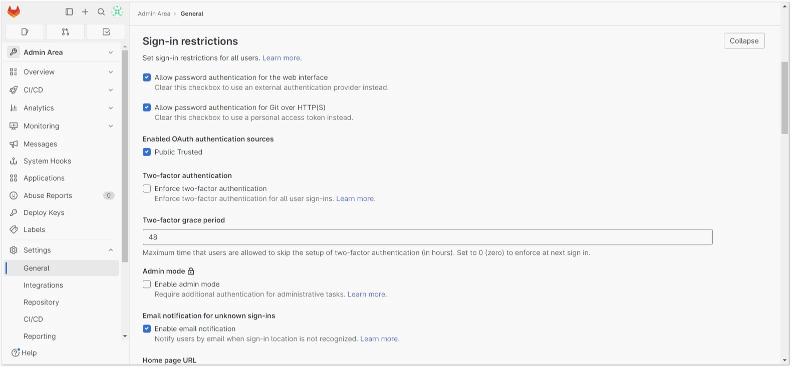 Configuración del panel de administración de GitLab