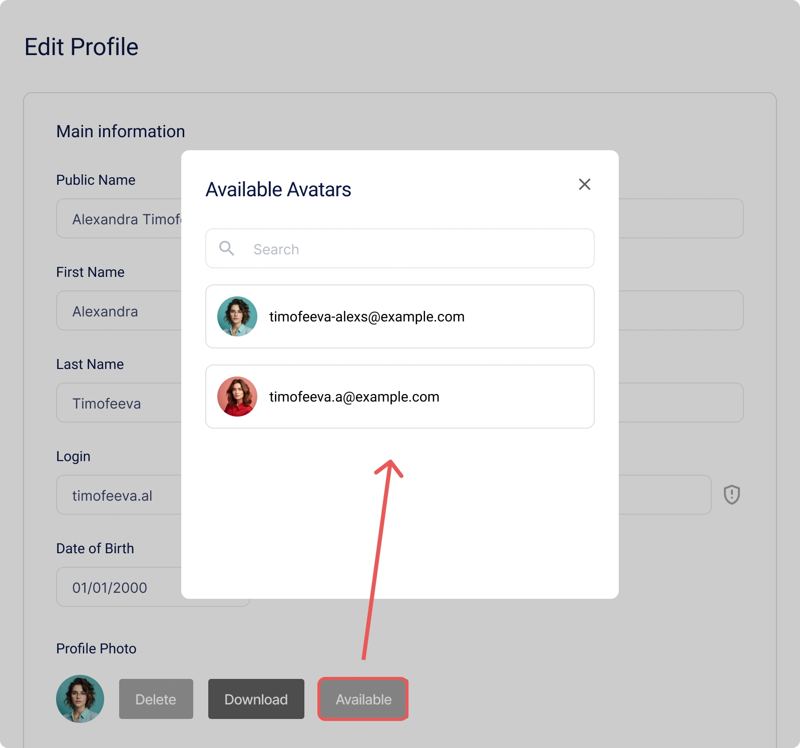 Bouton pour sélectionner un avatar à partir des services externes liés de l'utilisateur Encvoy ID