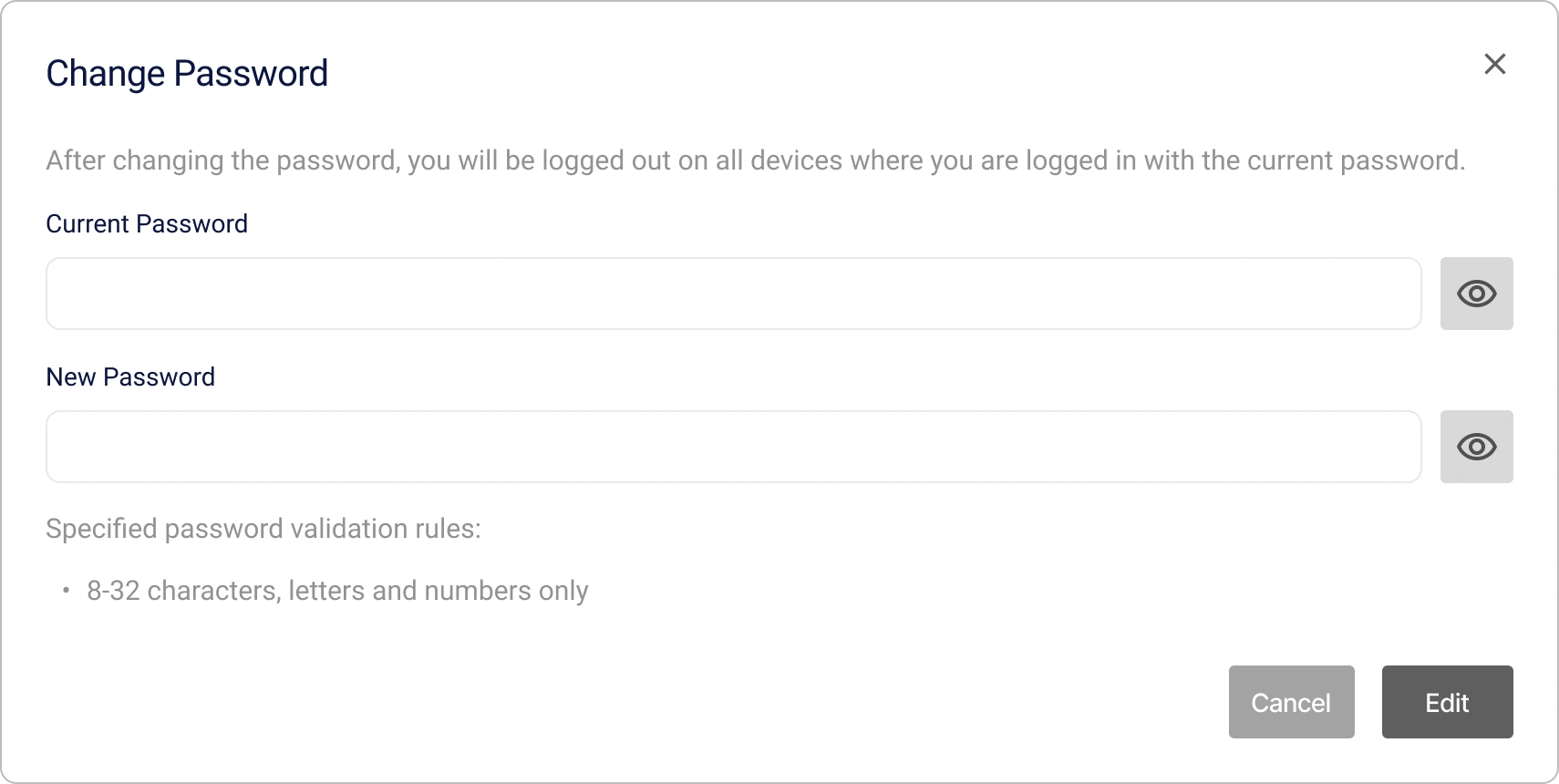 Dialogue de changement de mot de passe dans le profil personnel Encvoy ID