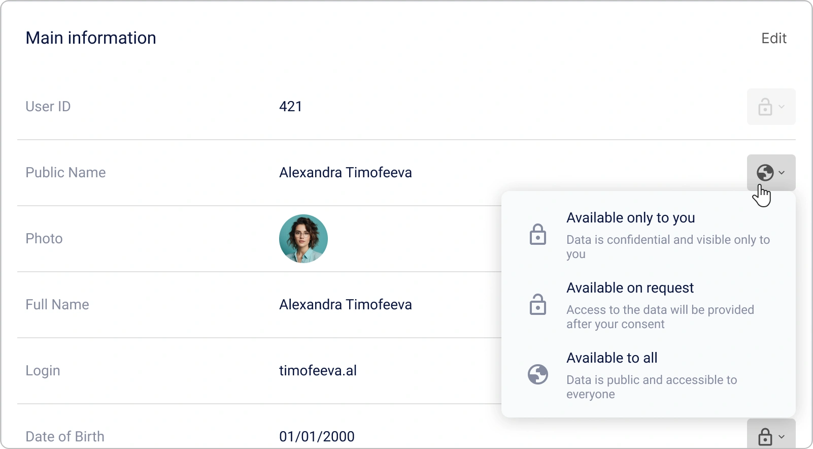 Configurazione della privacy dei campi nel profilo personale Encvoy ID