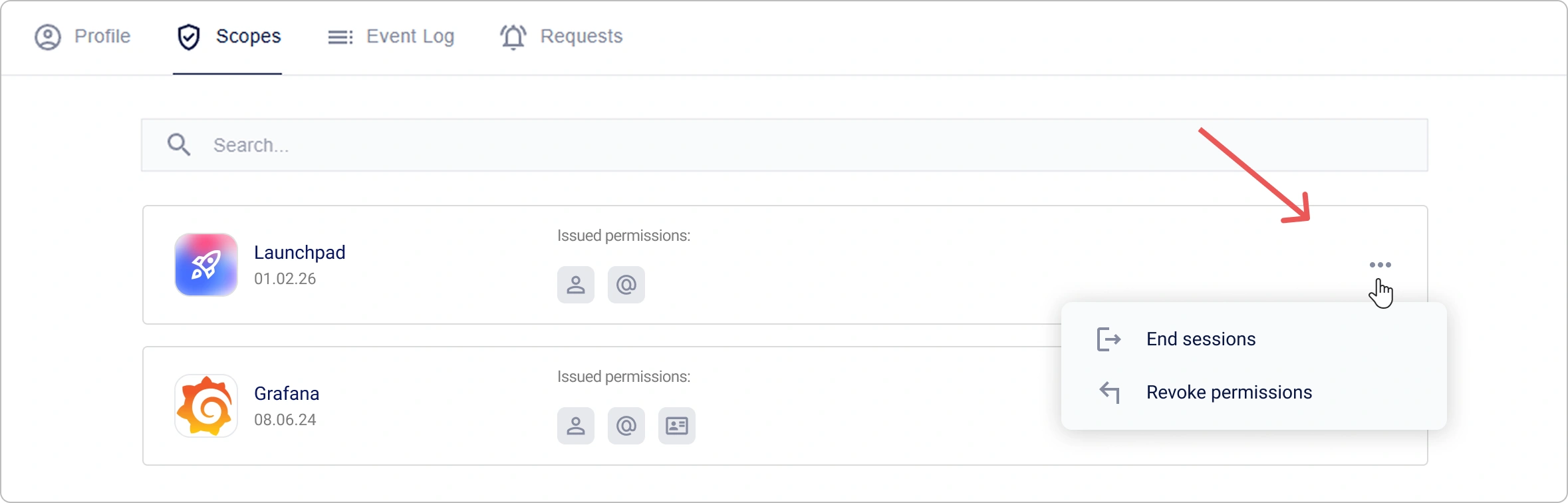 Menu azioni applicazione nel profilo personale Encvoy ID