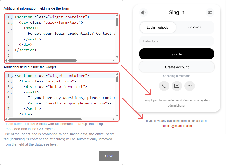 Configurazione testo aggiuntivo nel widget di login Encvoy ID