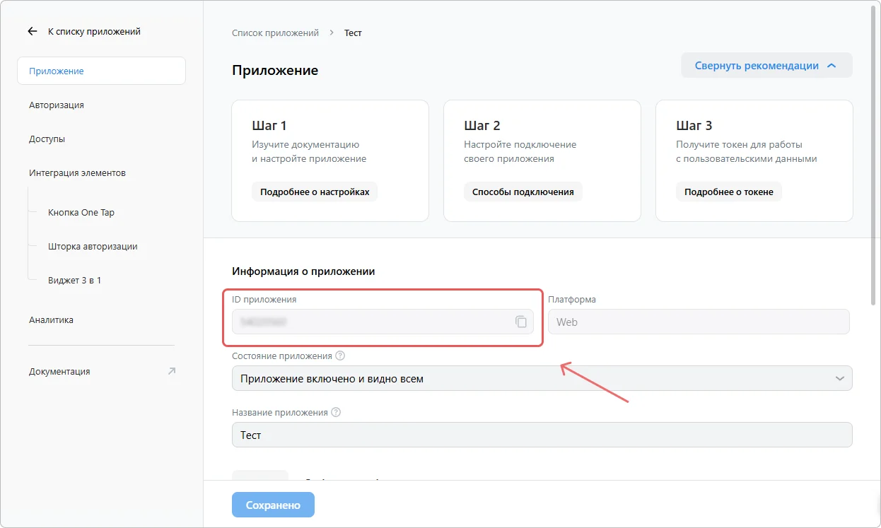 Информация о приложении в кабинете разработчика